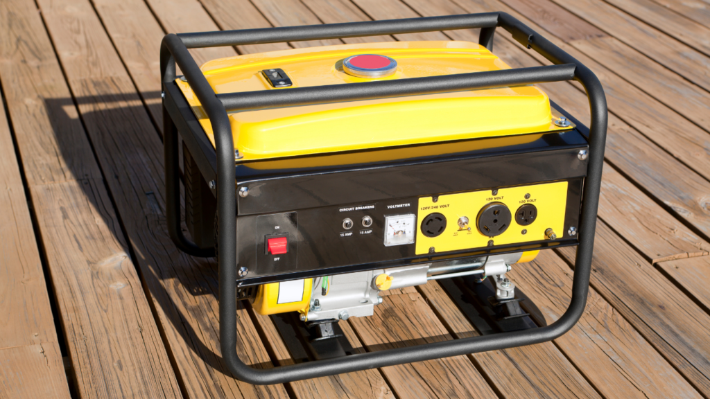 Yellow electricity generator standing on a wooden floor