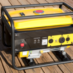 Yellow electricity generator standing on a wooden floor