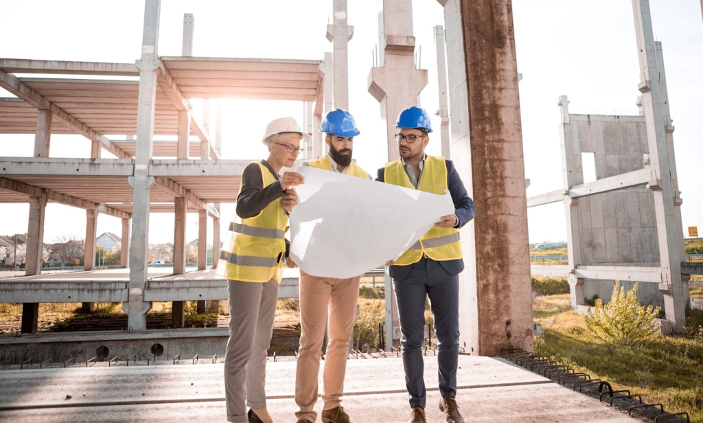 Construction workers reading a plan at the construction site