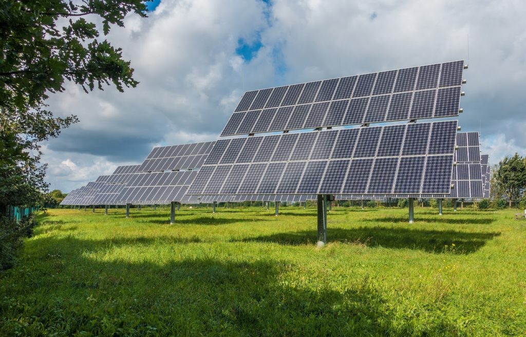 Field of grass with installed solar panels