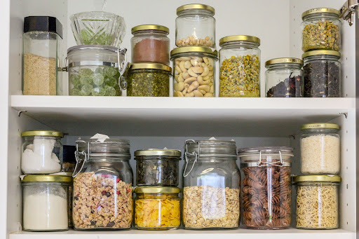 Jars of survival food on 2 shelves