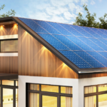 Modern houses with installed solar panels on the roofs