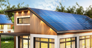 Modern houses with installed solar panels on the roofs