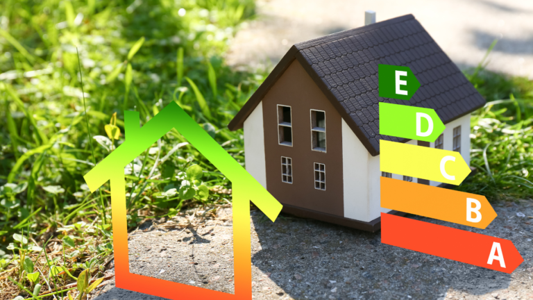 Diagram of an energy efficient home outside on a sunny day