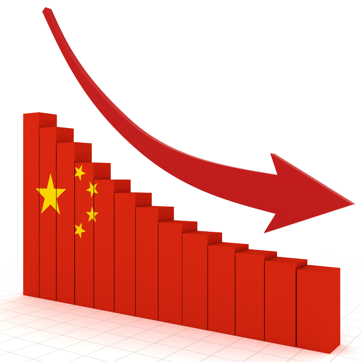 Chinese flag as a negative-trending bar chart with an arrow down